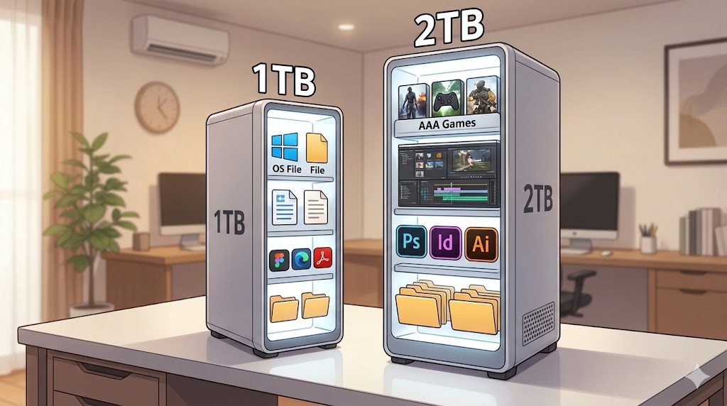 1TBと2TBのSSDのデータ収納力の差を、スタイリッシュなデータタワーとして可視化した比較