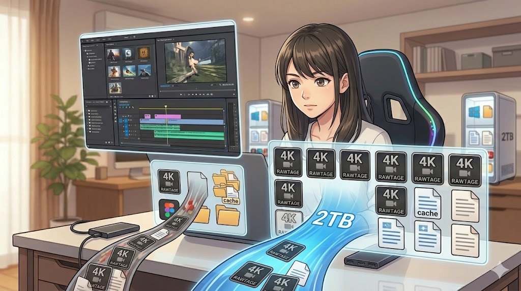 4K動画編集において、1TBと2TBのSSDが扱う映像素材と一時キャッシュファイルの膨大な量の差を可視化したクリエイター向け