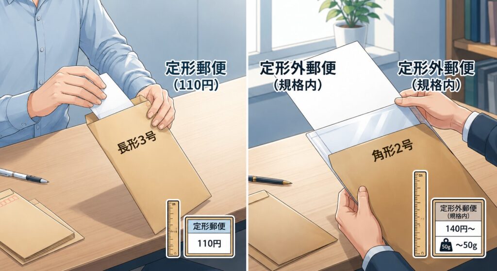 A4書類を三つ折りにして定形郵便で送る場合と、折らずに角形2号封筒で送る場合の違いを比較