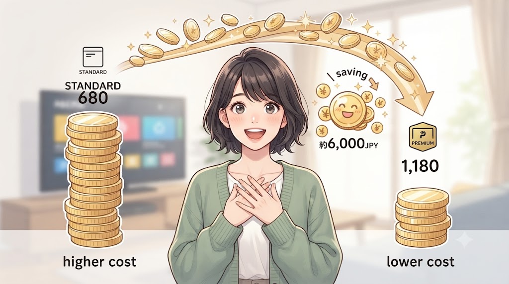 ABEMAプレミアムの「広告つきプラン（月額680円）」と「通常プラン（月額1,180円）」の料金差を視覚的に比較し、年間6,000円の節約効果