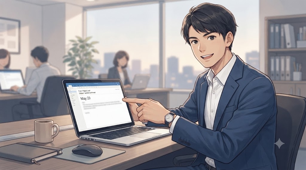 オフィスでノートパソコンを使い、スマートな日付表記について説明する