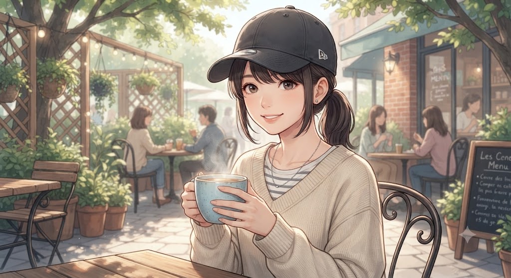 カフェのテラス席で、チャコールグレーのニューエラ9THIRTYキャップを深くかぶった