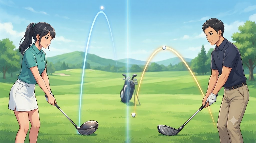 ゴルフ場で7番ウッド(7w)と3番ユーティリティ(3ut)を並べ、ヘッドの大きさや形状の違いを比較している