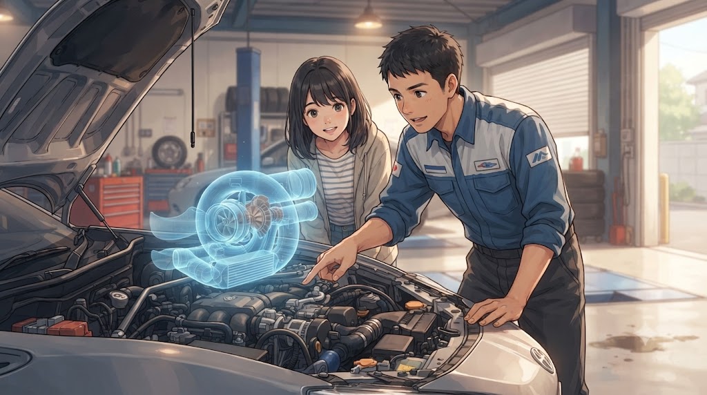 トヨタ86のエンジンルームを覗き込みながら、スーパーチャージャーとターボの基礎知識について話す
