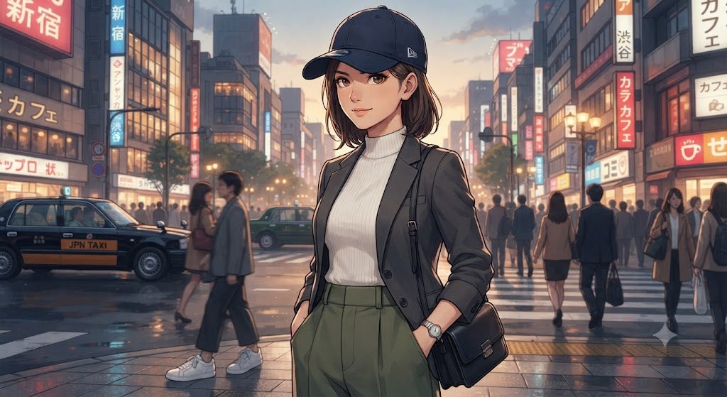 ネイビーのニューエラ9THIRTYキャップを深くかぶり、スマートカジュアルな服装で都会の街並みに立つ