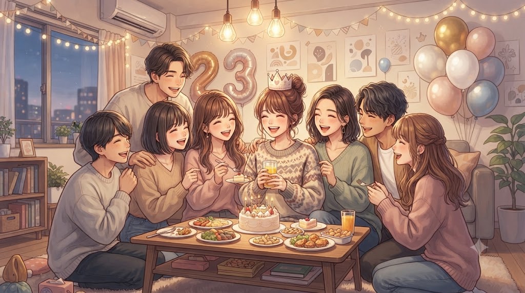 友人たちに囲まれ、おしゃれな飾り付けの前で23歳の誕生日を祝う幸せそう