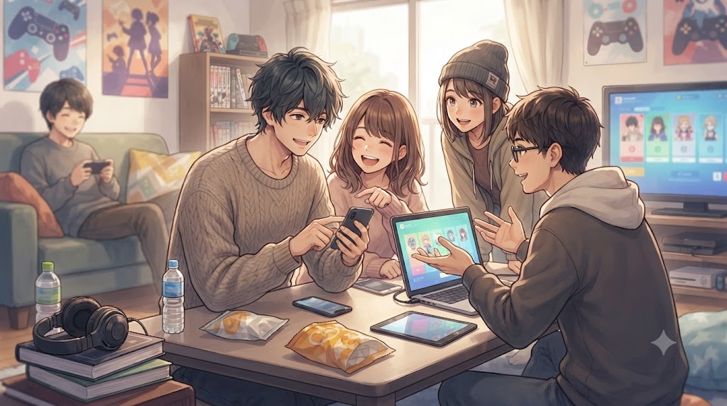 日本国内でのゲーム人気や年齢層をイメージした若者たち