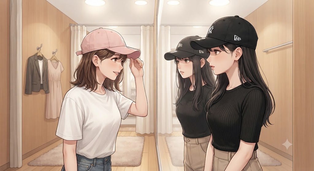 明るい試着室で、横並びで鏡を見る2人の日本人女性のセミリアルなアニメ風イラスト。浅いクラウンの9TWENTY（ピンク）と深いクラウンの9THIRTY（黒）をそれぞれ着用し、頭の形へのフィット感の違いを比較