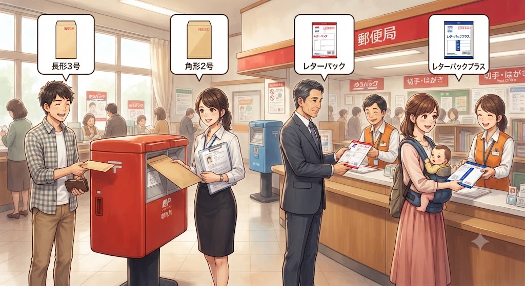 目的（コスパ、折らずに送る、追跡、対面）に合わせて、最適なA4書類の発送方法を選んでいる