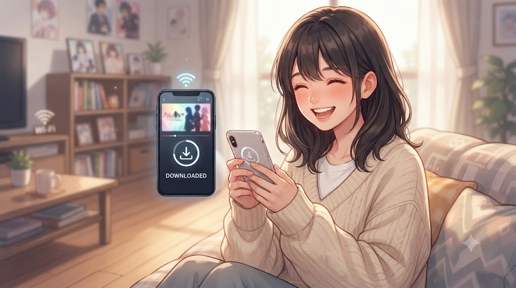 自宅のWi-Fi環境で、見たい動画をスマートフォンにダウンロードして快適に楽しみにしている