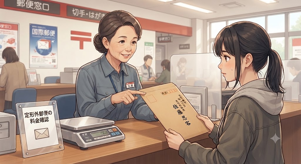 郵便局の窓口で、局員から封筒の正しい切手の位置や料金について指導を受けている