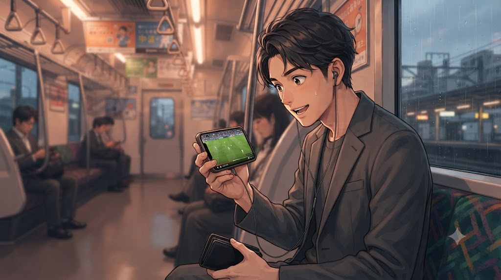 電車内でスマートフォンを使い、ABEMAの「追っかけ再生」機能でスポーツの生中継を最初から楽しんでいる