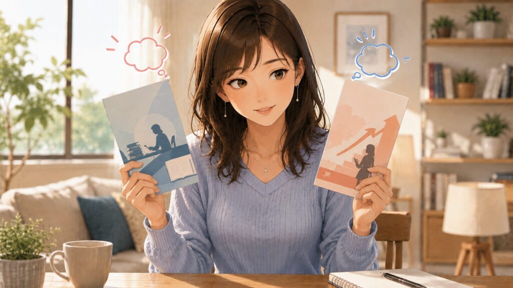 2つの異なる選択肢を見比べてどちらにするか楽しく迷っている