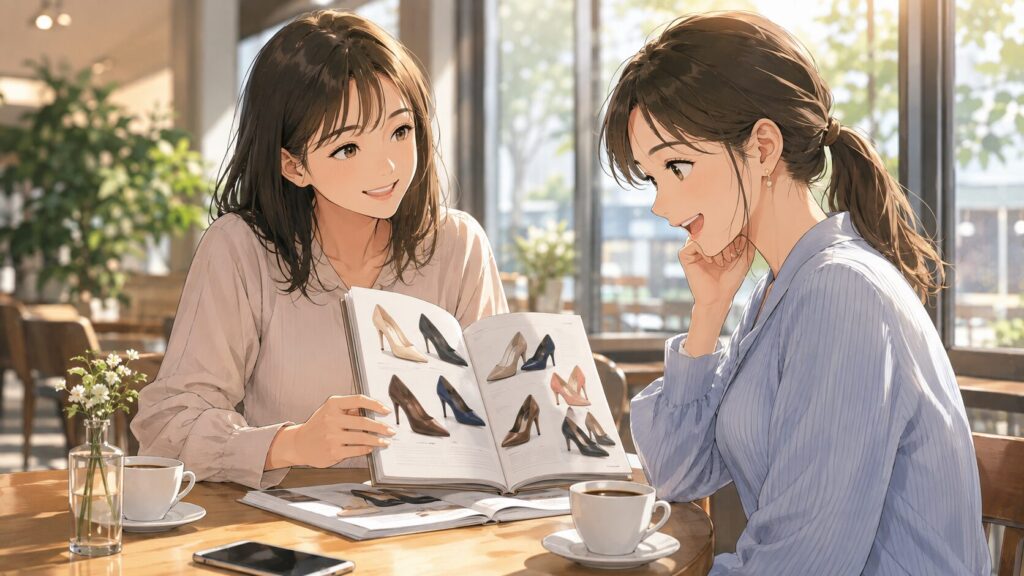 カフェでパンプスのカタログを見ながら笑顔で相談している