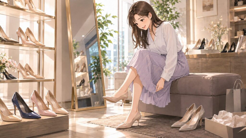 ショップでお気に入りのパンプスを嬉しそうに試着している