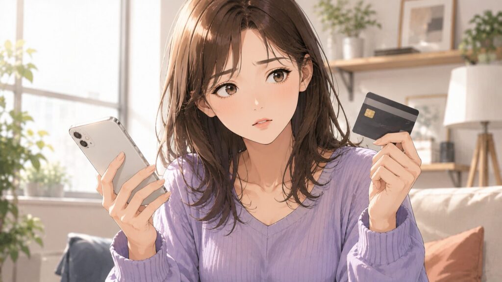 スマートフォンとカードを手に迷っている女性