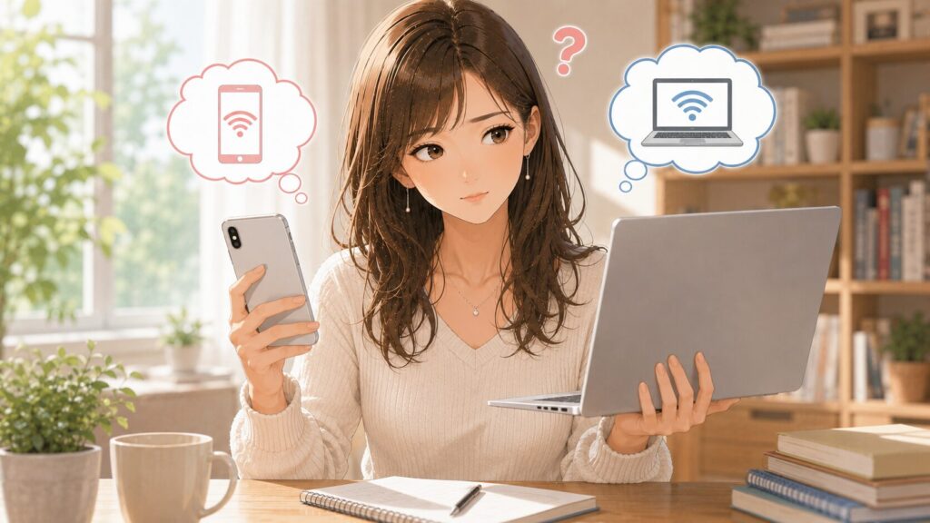 スマートフォンとパソコンを見比べてどちらの接続設定にするか悩んでいる