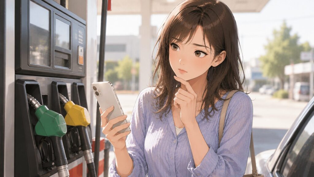 スマートフォンと給油機を見比べてどちらがお得か考えている