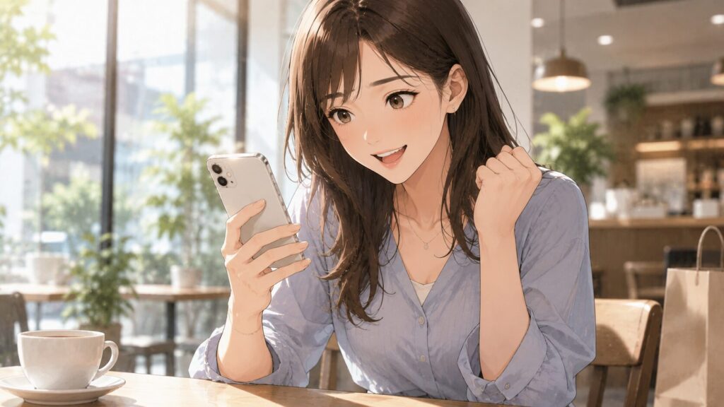 スマートフォンを使っておトクな決済を確認している女性