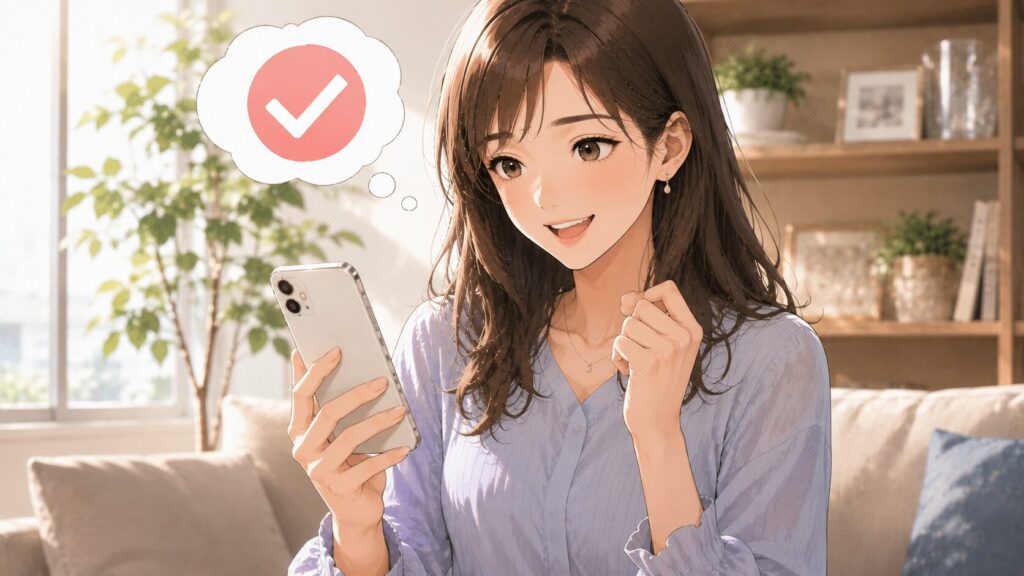 スマートフォンを確認しながらポイントの期限に安心している女性