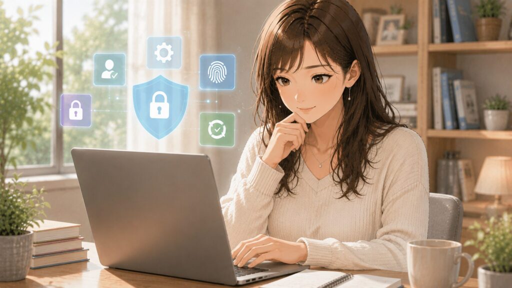 パソコンの画面を見ながらセキュリティ設定やシステム変更を確認している