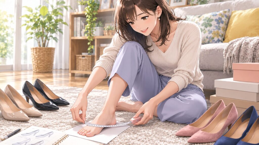 メジャーを使って自分の足のサイズを丁寧に測っている