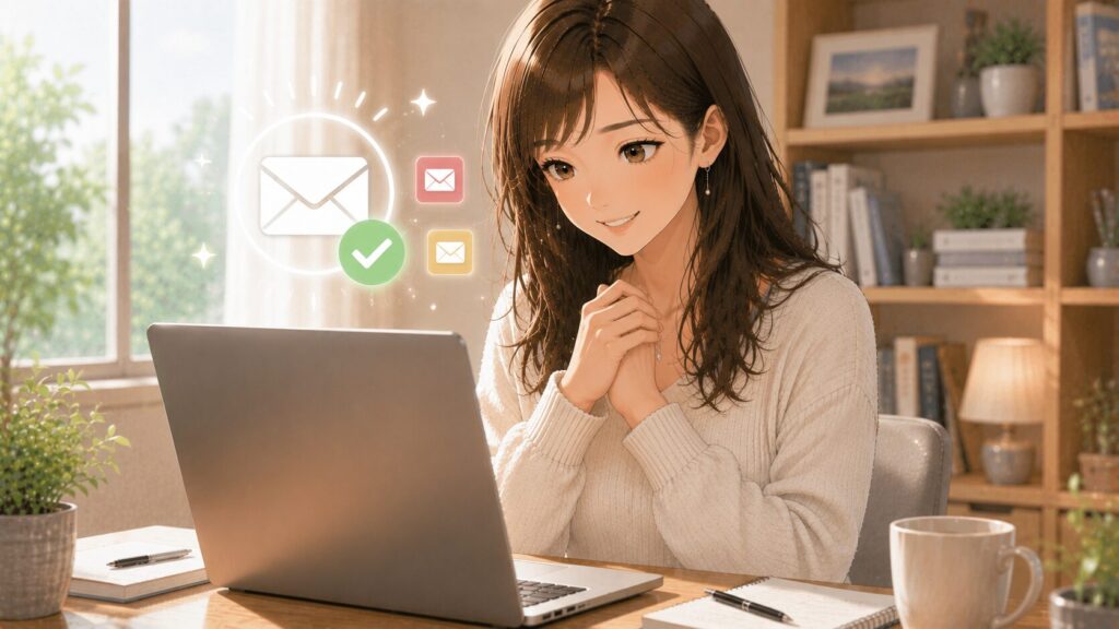 メール設定が快適に完了して安心した表情を見せる