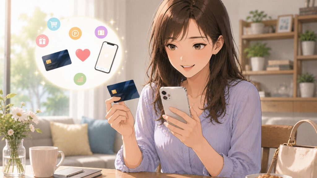 自分にぴったりのクレジットカードとアプリの組み合わせに満足して微笑む