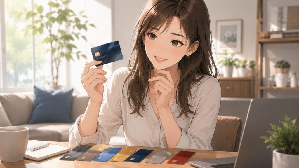 自分にぴったりのクレジットカードを選んで微笑む女性