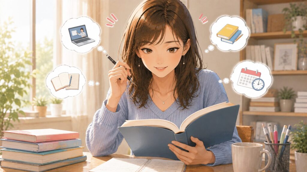 自分にぴったりの試験や勉強スタイルを選んで笑顔で参考書を開いている