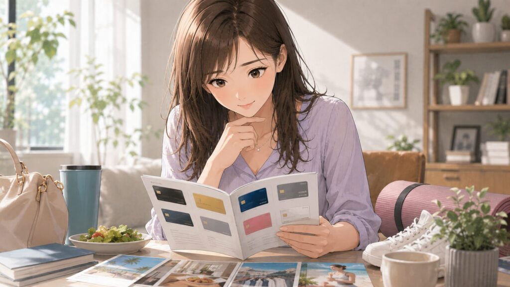 自分のライフスタイルに合ったカードを選ぼうとカタログを見つめる
