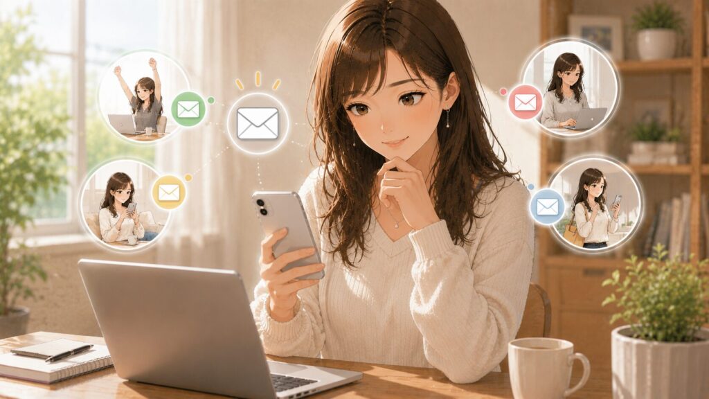 自分のライフスタイルに合ったメール設定を選んで微笑んでいる