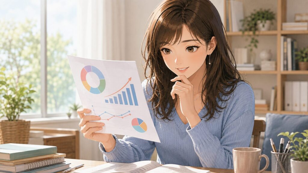 試験の合格率やデータが描かれたグラフを見ながら納得している